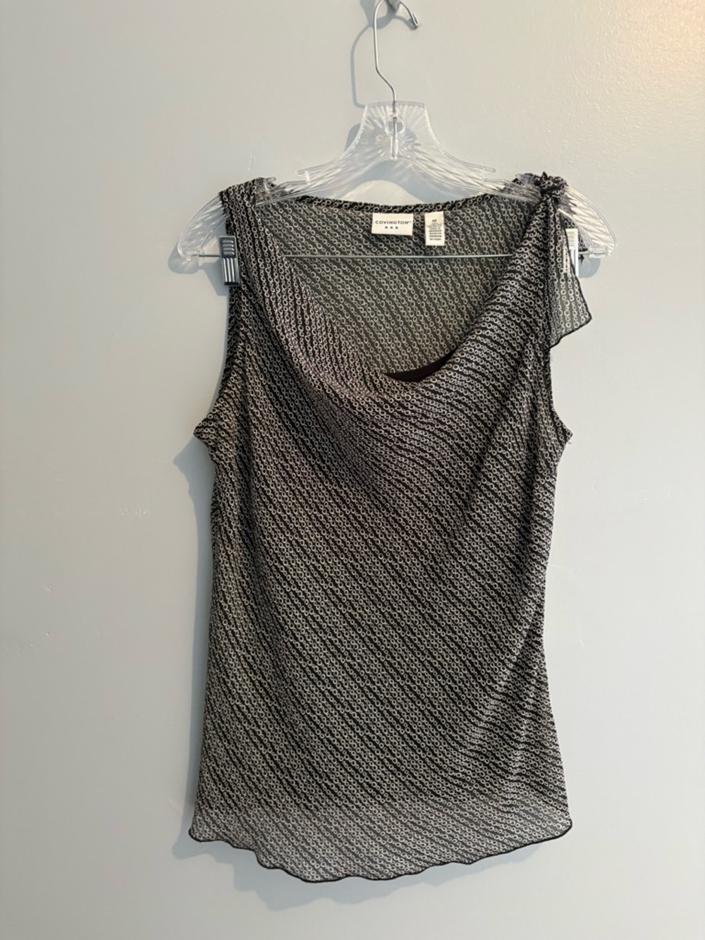 Y2K Covington Black Geometric Sleeveless Blouse Sheer Size 12 Cowl Neckline EUC